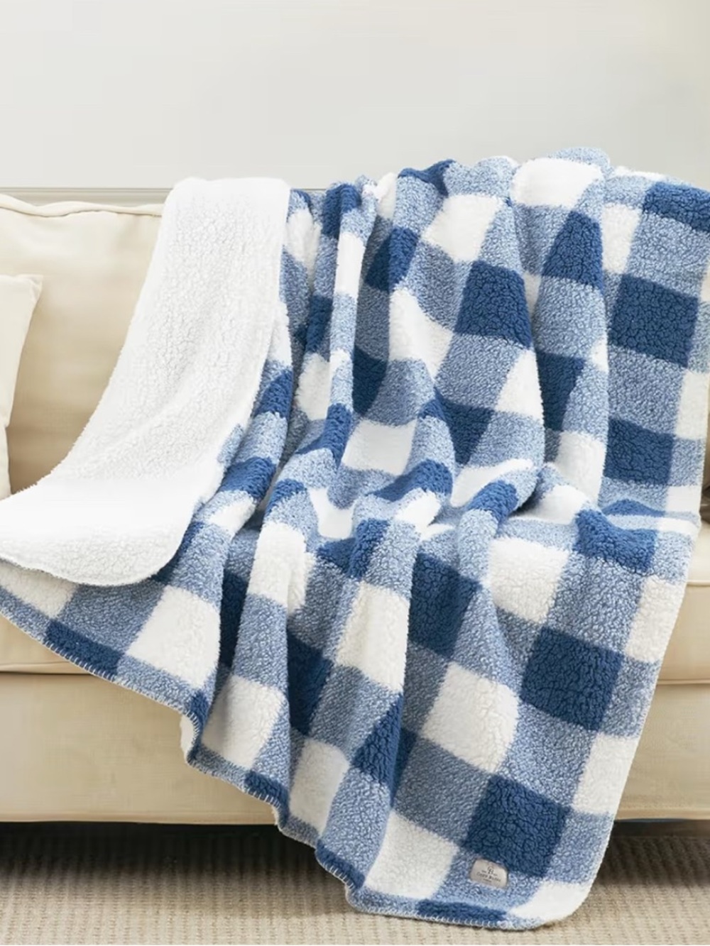 Cozy Blue & White Buffalo Check Sherpa Blanket 50”x60”